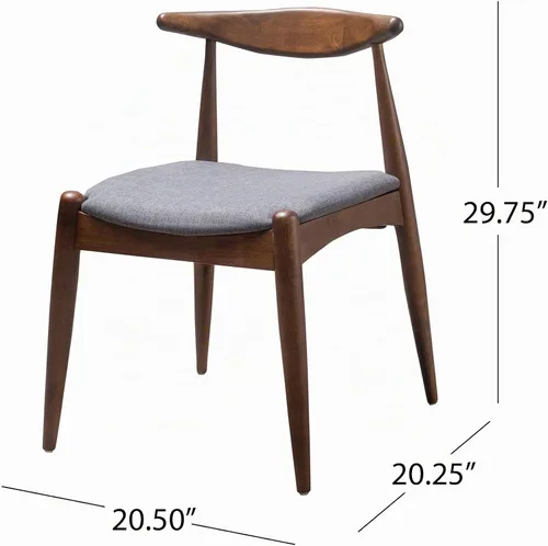 Vista 3 de Sandra Grey set de 2 sillas modernas, para comedor, estilo mediados de siglo, de tela color gris y madera de nogal.