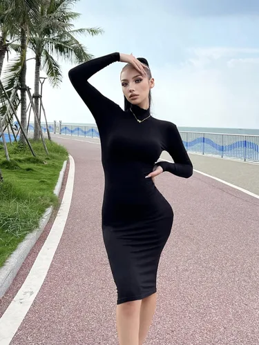 Vista 2 de Flutnel - Vestido tubo de manga larga para mujer, 3 piezas, acanalado, cuello alto, ajustado, para trabajo, oficina, vestido midi