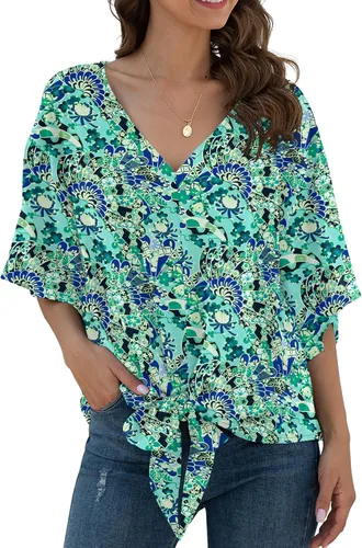 Vista 56 de VIISHOW Womens Tie Front Chiffon Blouses V Neck Batwing Short Sleeve Summer Tops Shirts Albaricoque