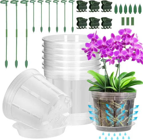 Vista 8 de 9 Pack Plastic Orchid Pots with Holes, 4, 5, 6 Inch Clear Orchid Pots Paquete de 9 unidades.