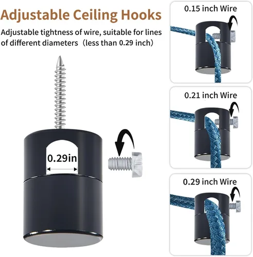 Vista 5 de Paquete de 3 Ganchos de Techo Mejorados, Ganchos de Techo Ajustables de Aluminio para Colgar Luces, Gancho Colgante Negro de Servicio Pesado, Gancho