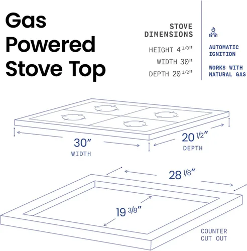 Vista 3 de ABBA - Placa de cocina de gas de 30 pulgadas con 5 quemadores sellados, superficie de vidrio templado con quemadores SABAF, estufa de gas natural