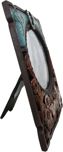 Vista 6 de Ebros Gift Rustic Western Family - Marco de fotos de piel sintética turquesa y resina de madera tallada, 7 x 5 pulgadas, con caballete trasero