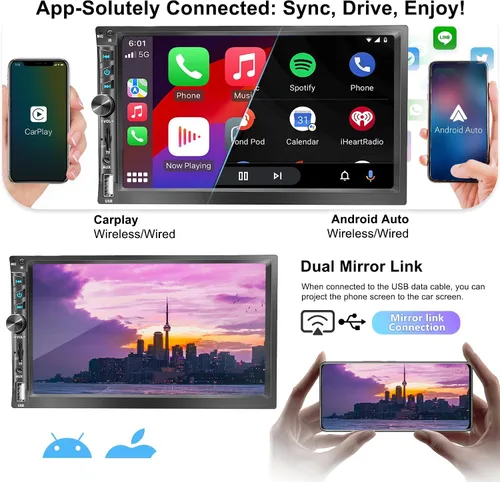 Vista 2 de Estéreo de coche inalámbrico de 7" de doble DIN con Apple CarPlay Android Auto 178 * 102mm, radio de reproducción de coche con pantalla táctil