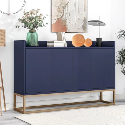 Vista 10 de Aparador moderno de gran espacio de almacenamiento con puerta de ratán artificial, mesa de consola con 4 puertas y estante ajustable, mesa de Blanco