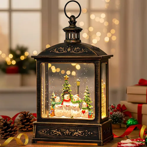 Vista 9 de Gnomos de Navidad de 10 pulgadas, linterna de globo de nieve iluminada, caprichoso árbol de Navidad y elfo escandinavo, linterna de agua musical