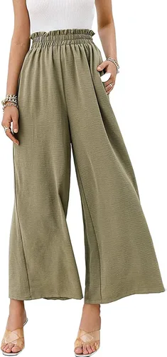 Vista 3 de Mtsebmves Pantalones palazzo de pierna ancha para mujer, elásticos, de cintura alta, holgados, palazzo, con bolsillos (verde, talla XL), Verde