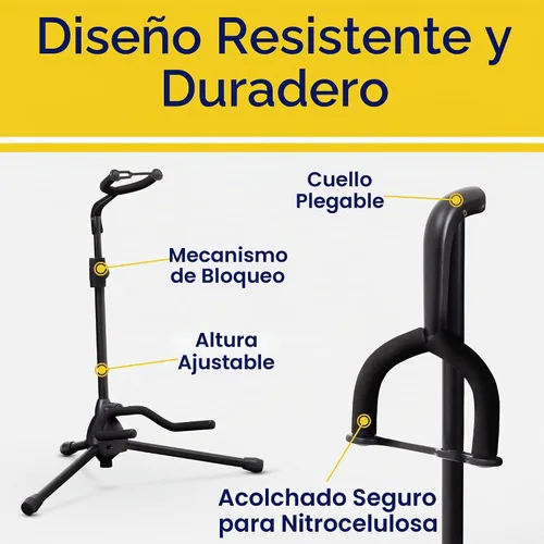 Vista 4 de Hola! Music Soporte de guitarra – Altura ajustable, plegable con cuello acolchado y yugo – Paquete de 1 trípode