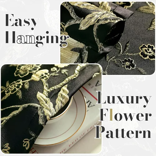 Vista 5 de VOGOL Cortinas de cenefa de jacquard dorado con diseño de flores de lujo para dormitorio, sala de estar, comedor, 52 x 14 pulgadas, 1 panel, negro