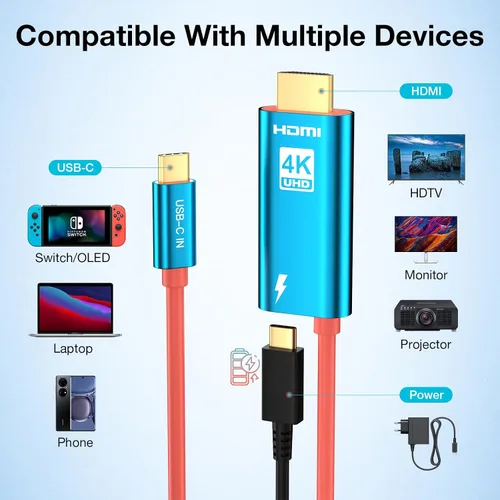 Vista 7 de QCEs Cable adaptador USB C a HDMI para iPhone 17 16 15 a TV/proyector, cable tipo C a HDMI de 6.6 pies con puerto de carga 4K30Hz para iPhone a