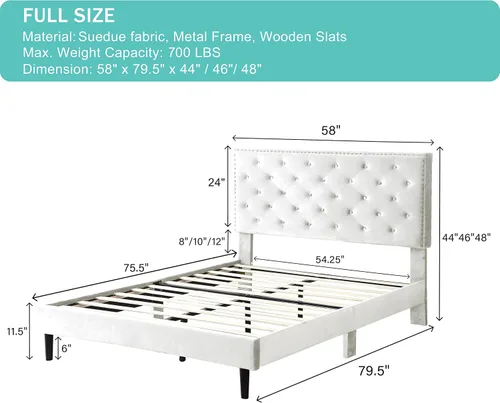 Vista 2 de Base de cama de plataforma tapizada completa con cabecero ajustable de 48 pulgadas de alto, cama de terciopelo de gamuza copetuda con botones