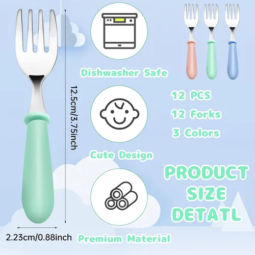Vista 2 de 12 tenedores para niños pequeños, tenedores de acero inoxidable para bebés, cubiertos para niños y niñas, cubiertos para niños y niñas, cubiertos