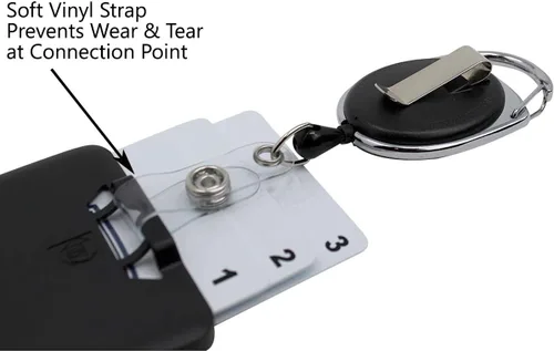 Vista 6 de Portatarjetas de tres tarjetas de plástico rígido con carrete retráctil - Cordón retráctil con clip para cinturón y mosquetón - Soporte vertical