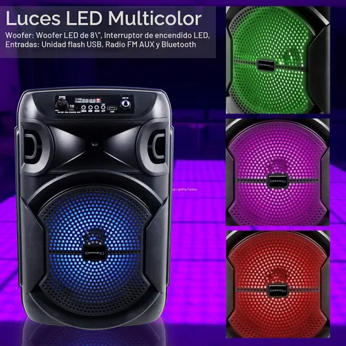 Vista 6 de Technical Pro Altavoz Bluetooth portátil de 800 vatios de 8 pulgadas con woofer y tweeter, altavoz LED PA para festivales con tarjeta Bluetooth/USB