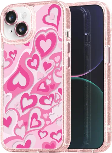 Vista 54 de Compatible para iPhone 13 Funda Bonita Estética - Funda para Teléfono Rosa con Purpurina con Protector de Cámara - Diseño de Cubierta