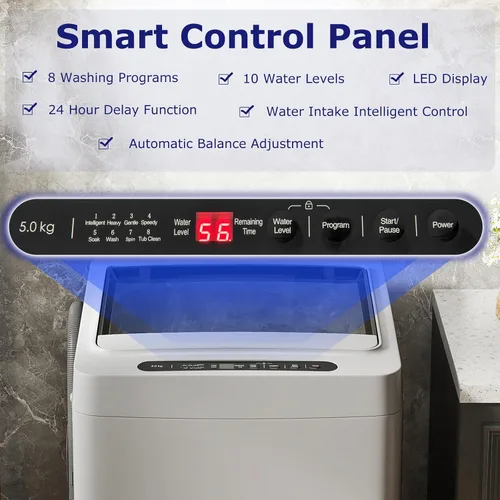 Vista 5 de Giantex Lavadora portátil, lavadora compacta de 1.5 pies cúbicos con bomba de drenaje, pantalla LED, 8 programas, 10 niveles de agua, bloqueo