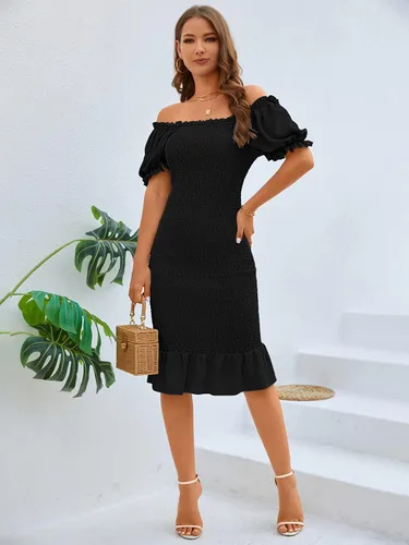 Vista 3 de SENFURE Vestido de verano para mujer, estilo casual, por debajo de la rodilla, fruncido, manga abombada, cuello cuadrado, volantes, vestido