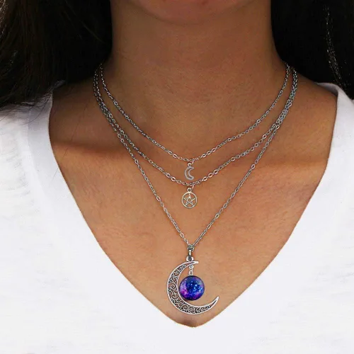 Vista 4 de MJartoria Collar de pentagrama de luna, collar de chakra de cristal, colgante, con dije, cadena de aleación multicapa, conjunto de gargantilla