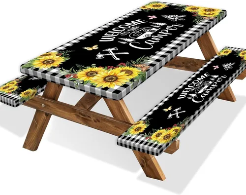 Vista 29 de Funda para Mesa de Picnic con Fundas para Bancos y Bolsa, Campista de Madera Impermeable Resistente al Viento, Cubierta de Mantel Ajustada con Borde