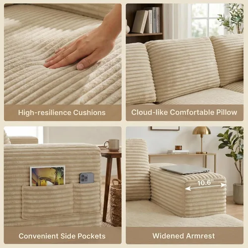 Vista 6 de Gizoon Sofá modular Cloud de 105 pulgadas con diván en forma de L, sofá modular sin hueso para sala de estar, sofá de pana tapizado con asiento Beige