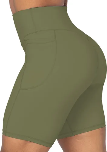 Vista 2 de Sunzel Pantalones cortos de ciclismo sin costuras frontales para mujer con bolsillos, pantalones cortos de yoga, entrenamiento, gimnasio, ciclismo
