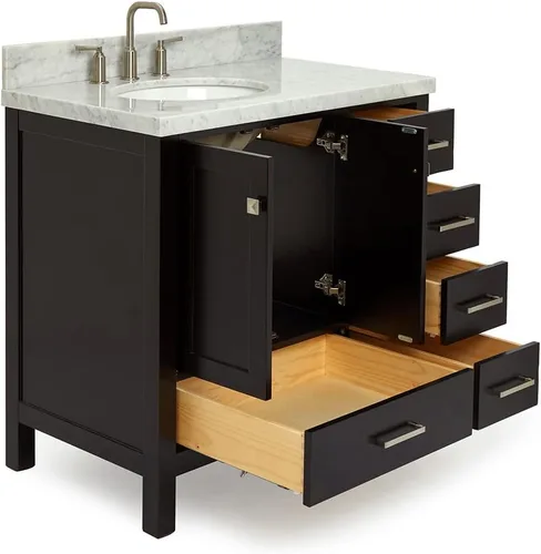 Vista 9 de ARIEL Cambridge - Mueble de baño con lavabo de 36 pulgadas, madera maciza, encimera y salpicadero italiano de mármol de Carrara de 1.5 pulgadas