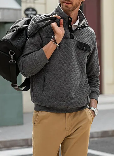 Vista 7 de JMIERR Sudadera acolchada para hombre, casual, de manga larga, cuello alto, con botones
