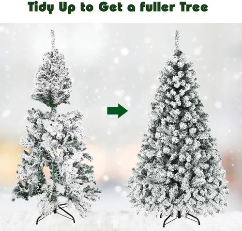 Vista 5 de Nightcore - Árbol de Navidad artificial preiluminado de 6 pies, pino con bisagras flocadas de nieve con 600 puntas de ramas y 250 luces LED, base