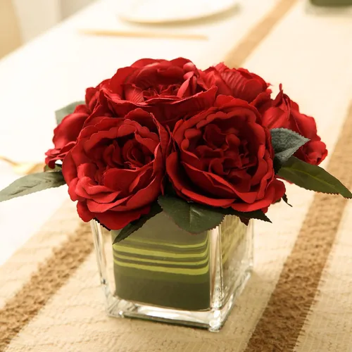 Vista 9 de Ramo de Peonías de Seda Artificial con Centro de Mesa Floral Artificial en Florero de Vidrio para Decoración de Boda en el Hogar (Rojo)