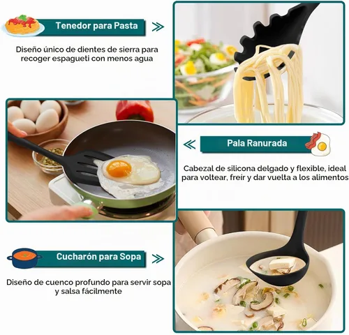 Vista 5 de TeamFar Juego de 7 utensilios de cocina de silicona, herramientas antiadherentes de cocina negras, espátula, cucharón, servidor de pasta