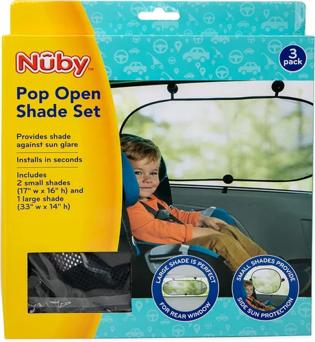 Vista 2 de Nuby Universal Fit Pop Open - Juego de cortinas para ventana de coche, color negro, paquete de 3