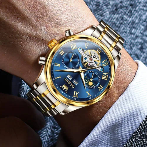Vista 7 de OLEVS Relojes automáticos para hombre, movimiento mecánico, esfera de esqueleto, relojes Tourbillon de cuerda automática, de lujo, impermeables