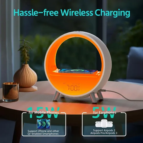 Vista 3 de MOMILLA Reloj despertador Sunrise con estación de carga inalámbrica de 15 W, altavoz Bluetooth y máquina de ruido blanco, luz de despertador
