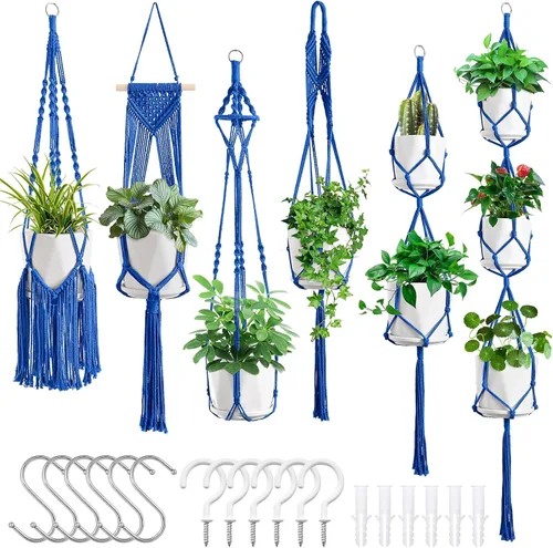 Vista 12 de SFENNGPET - Paquete de 6 perchas de macramé para plantas, juego de 6 perchas colgantes para plantas de interior con kit de 6 perchas hechas a mano