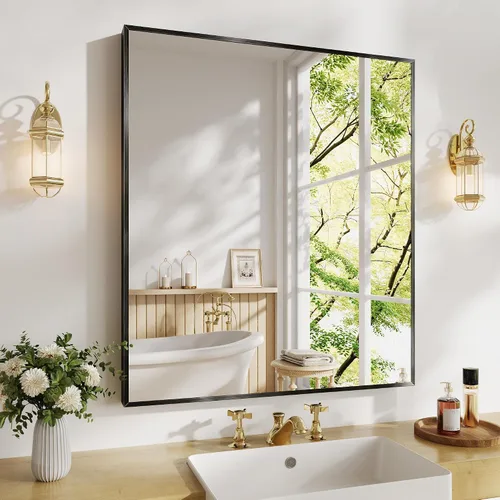 Vista 25 de Koonmi - Espejo de baño de 36x60 pulgadas con marco de metal cepillado negro para montaje en pared sobre el fregadero, vidrio templado HD