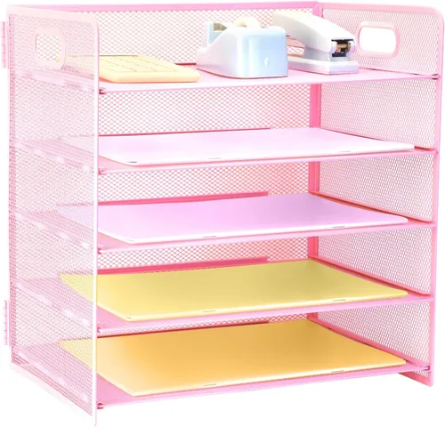 Vista 13 de Organizador de 3 niveles con asa, organizador de archivos de escritorio de malla metálica con bandejas deslizantes, escritorio clasificador de papel