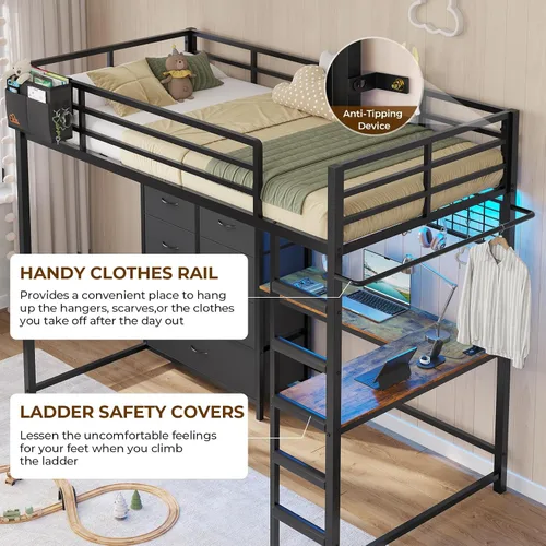 Vista 9 de DICTAC Cama alta individual con escritorio en forma de L y 7 cajones de almacenamiento, cama alta de metal tamaño individual para niños con luces