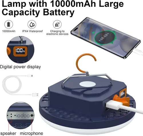 Vista 7 de Luz de campamento recargable de 10000 mAh con control de voz - 4000LM 3000K/4500K/6500K Linterna LED portátil, IPX4 impermeable para camping, 30W pro