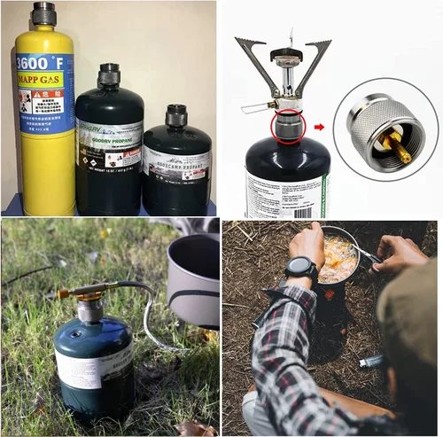 Vista 4 de Adaptador de butano a propano Adaptador de estufa de camping Conector de estufa de senderismo al aire libre para bote de combustible de isobutano
