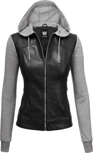 Vista 36 de Lock and Love Chaqueta Abrigo de Moto Motociclista de Piel Sintética para Mujer con Capucha Extraíble o No Extraíble Wjc1044_negro