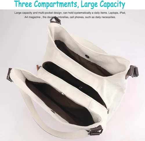 Vista 3 de Dourr Bolso para hombro para mujer, con múltiples bolsillos, bolso de mano moderno de lona de algodón