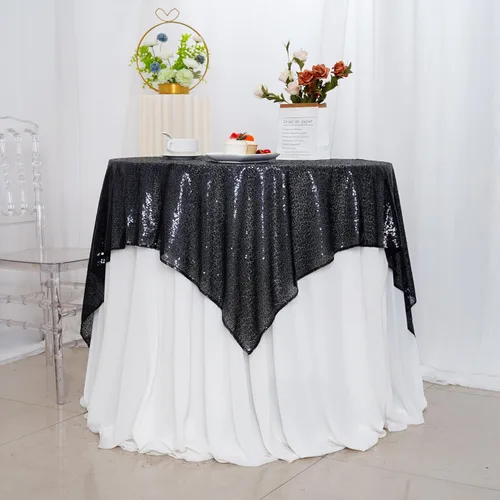 Vista 6 de Poise3EHome Mantel de lentejuelas negro de 50x50 pulgadas, cuadrado, brillante, para decoración de cumpleaños, Halloween, fiesta, día festivo, baby