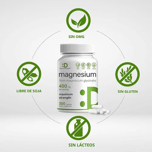 Vista 3 de Glicinato de magnesio 400 mg, 300 cápsulas 100% quelado para una fácil absorción Suplemento mineral esencial para la salud muscular, el sueño