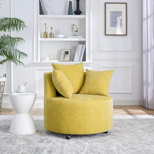 Vista 4 de Moderna silla giratoria tapizada de chenilla, silla giratoria redonda de gran tamaño con 3 almohadas, 4 ruedas para sala de estar, color amarillo