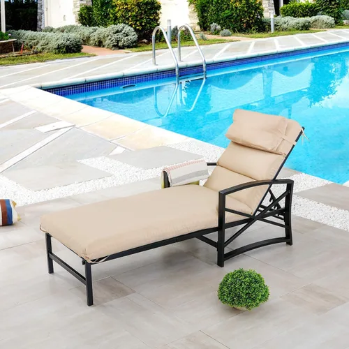 Vista 7 de LOKATSE HOME - Silla reclinable con cojín y almohada suave para piscina, cubierta, patio, color caqui