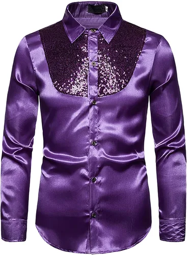 Vista 3 de Camisa de vestir con lentejuelas para hombre, camisas brillantes con botones para fiesta de discoteca de los años 70, camisas metálicas brillantes