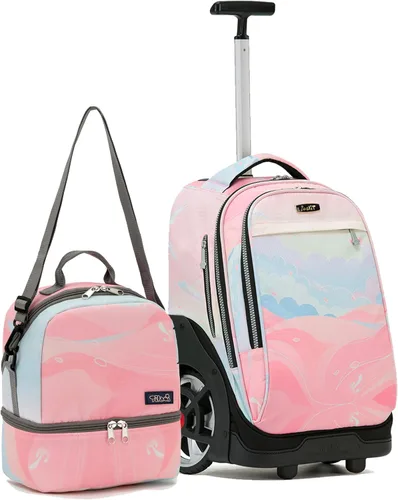 Vista 19 de NEW TILAMI Mochila con ruedas de 19 pulgadas con bolsa de almuerzo para niñas y niños, mochila para laptop con ruedas, bolsa de mano duradera