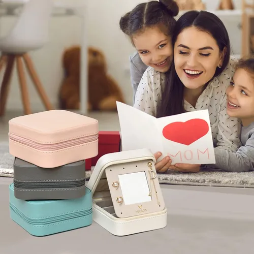 Vista 7 de Vee - Estuche pequeño para joyas de viaje mini organizador de joyas con espejo portátil caja de joyería para aretes anillos collares pulseras