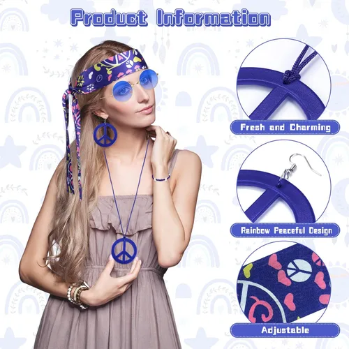 Vista 3 de Batiyeer 6 piezas de accesorios hippie para mujer, aretes bohemios con signo de la paz de los años 60 y 70, trajes para mujer, recuerdo de fiesta
