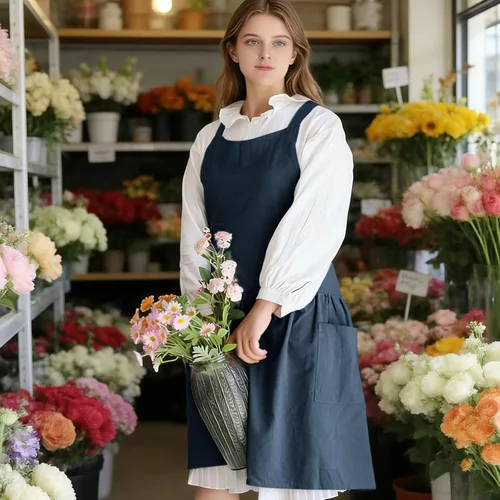 Vista 3 de Vestido tipo delantal de lino de algodón con espalda cruzada para mujer con bolsillos para cocinar y limpiar - Delantal cruzado - Azul - con lazos